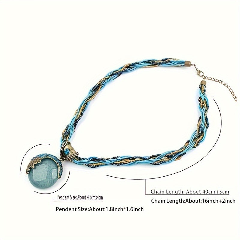 Turquoise Rhinestone Twist Woven Rope Chain Pendant - Vintage Bohemian Style Collar Necklace - Women Lady Retro Fashion Jewelry