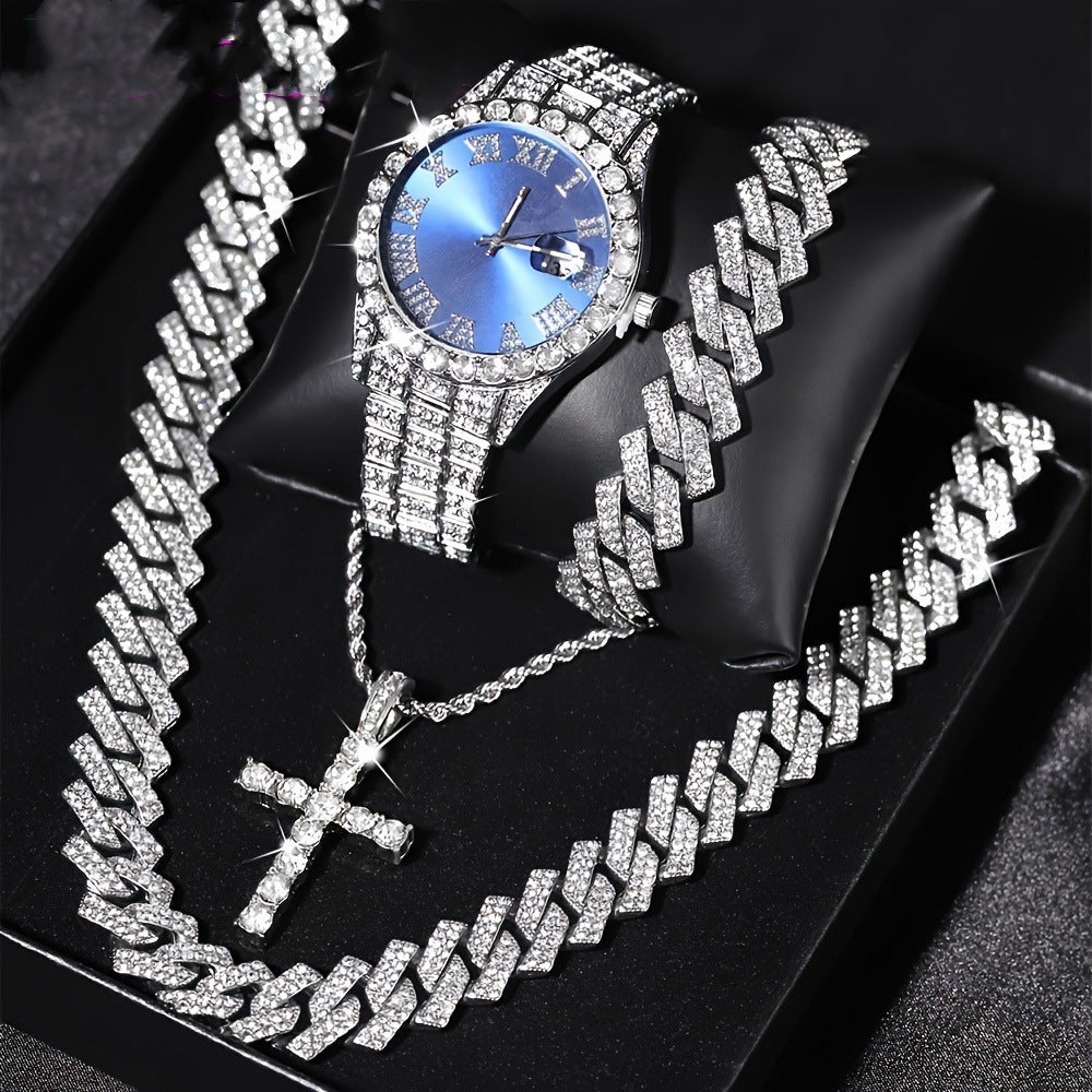 Luxury Cuban Link Jewelry Set: Necklace, Bracelet, Pendant Necklace, and Wristwatch Full Set - Ideal Gift for Holiday Celebrations, Valentine's Day, Christmas, and Birthdays