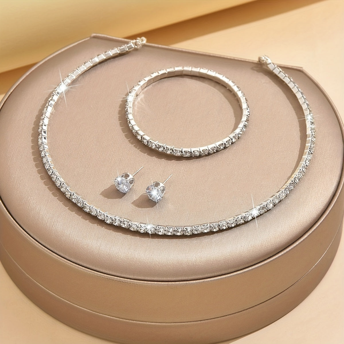 3pcs Set 925 Silvery Ladies Necklace Bracelet with Moissanite Delicate Silvery Choker Necklace Bracelet Stud Earrings Jewelry Set Gift for High Quality Women's Jewelry