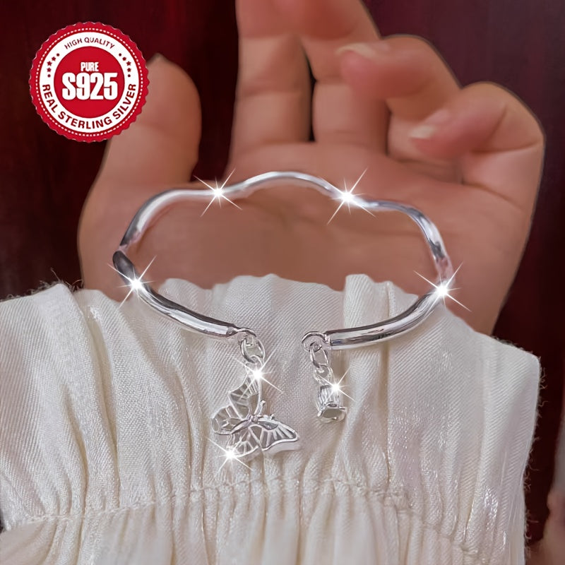 925 Silver Hypoallergenic Open Bangles, Single Piece, Women's Forest Style Lily of the Valley Bracelet with Wave Fringes, Ideal for to Couples, Besties, and Christmas