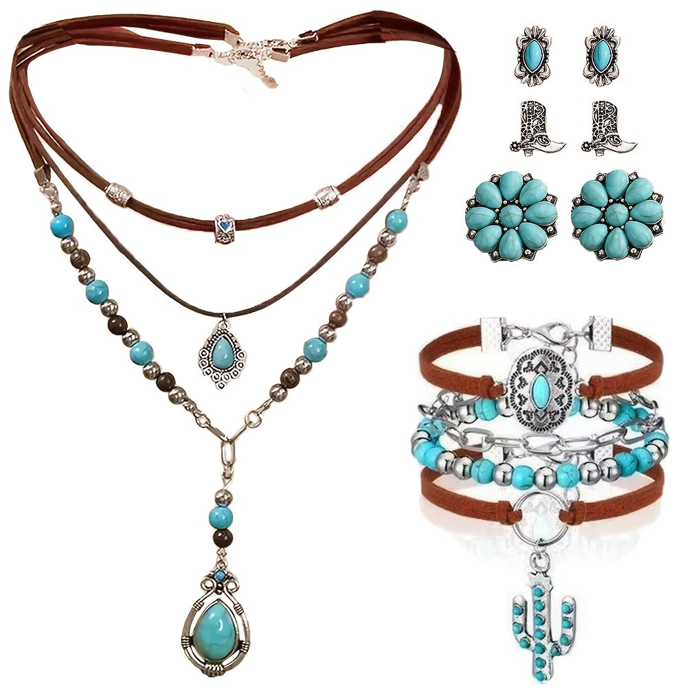 A Set of 8 Retro Western-Style Necklaces Featuring Synthetic Pine Stone And Cactus Flower Pendants, Designed for Women. Perfect for Casual Attire, Vacations, Festivals, Parties, Valentine's Day, Birthdays, And As Gifts