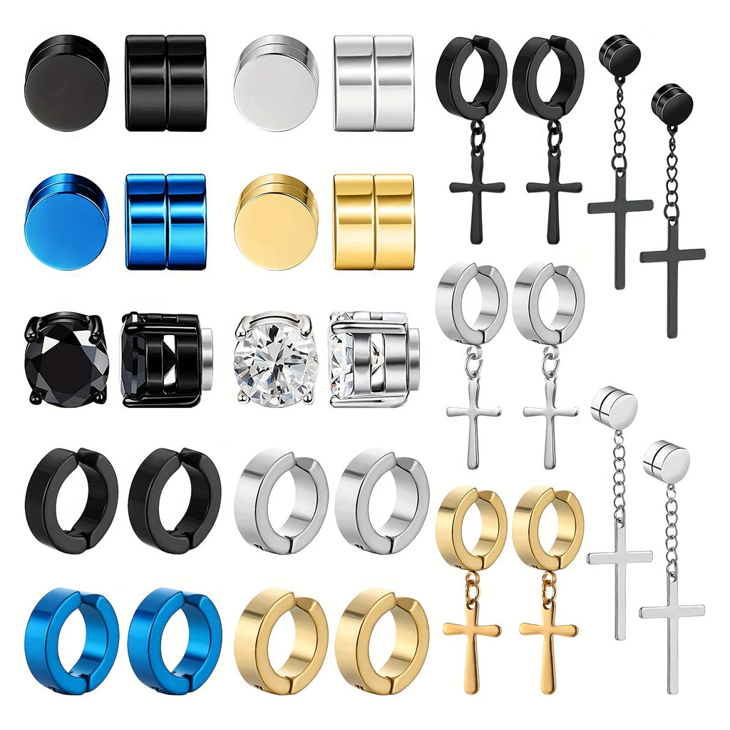 15 Pairs Magnetic Stud Earrings for Men Stainless Steel Magnetic Earrings Men Clip-On Earrings Non-Piercing Cross Earrings Unisex CZ Hoop Dangle Magnetic Earrings for Men Women