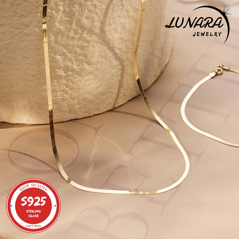 2D Flat - 24K Golden Plated Necklace, 925 Sterling Silver Necklaces, 3.5mm Herringbone Flat Snake Magic Chain Necklace For Women & Men With A Gift Box, Perfect Valentine'S Day Gift