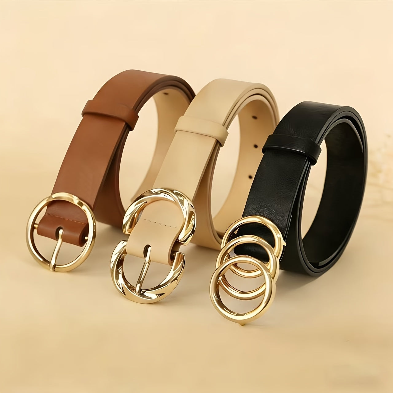 3pcs Set of Women'S Easy And Fashionable Versatile Belt, Jeans Dress Classic Belt, Three-Ring, Two-Ring And One-Ring Metal Buckle Design, Solid Color Elegant Belt, Daily Commuting Waist Additions, Multi-Functional