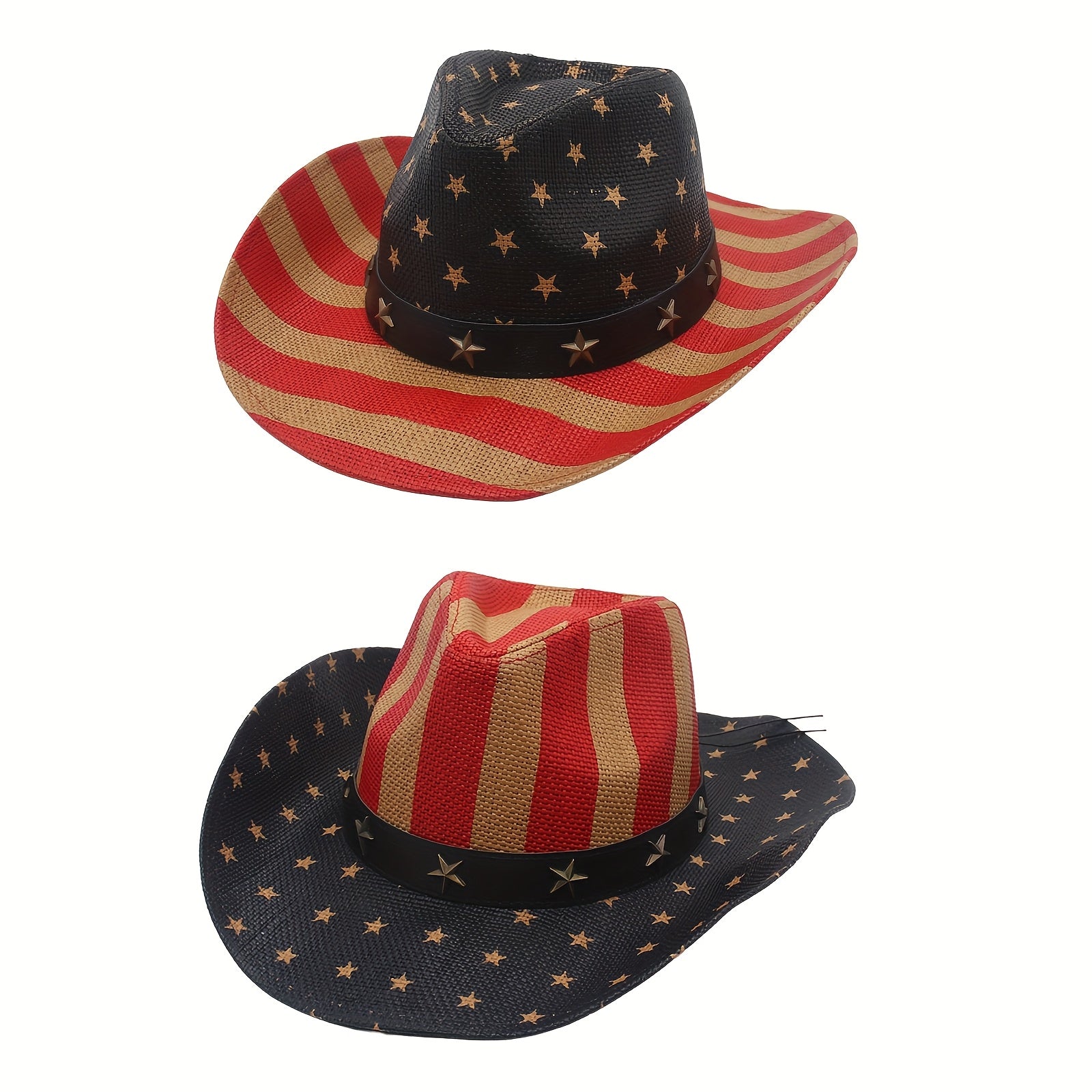 [Western Cowboy Hat] American Flag Wide Curved Brim Western Hat Equestrian Riding Jazz Cowboy Cowgirl Straw Hat