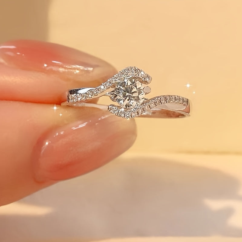 Elegant 925 Sterling Silver Ring with Zirconia Inlay Suitable for Daily And Gift Occasions, Valentine'S Day Jewelry, Hollowed Out Twisted Four Claw Circular Engagement Ring