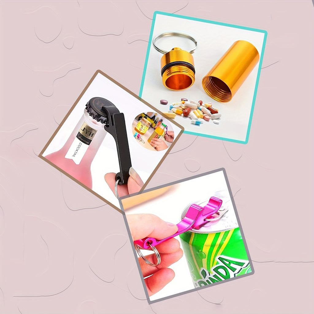 UNISEX Safety Keychain Set. Gift Box Set With 9 Cute Keychains For Ladies, Including Pom-poms, Personal Alarms, Bottle Openers, Rhinestone Shiny First Aid Kits And Survival Whistles. For Daily Use And Holiday Gift Giving