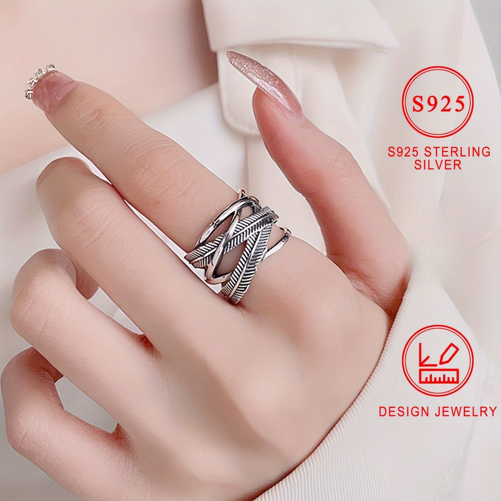 Vintage 925 Sterling Silver Feather Ring, Infinity Theme Cross Band Hip Hop Style, High-Quality Fashion Jewelry, Daily Wear & Gift-Giving