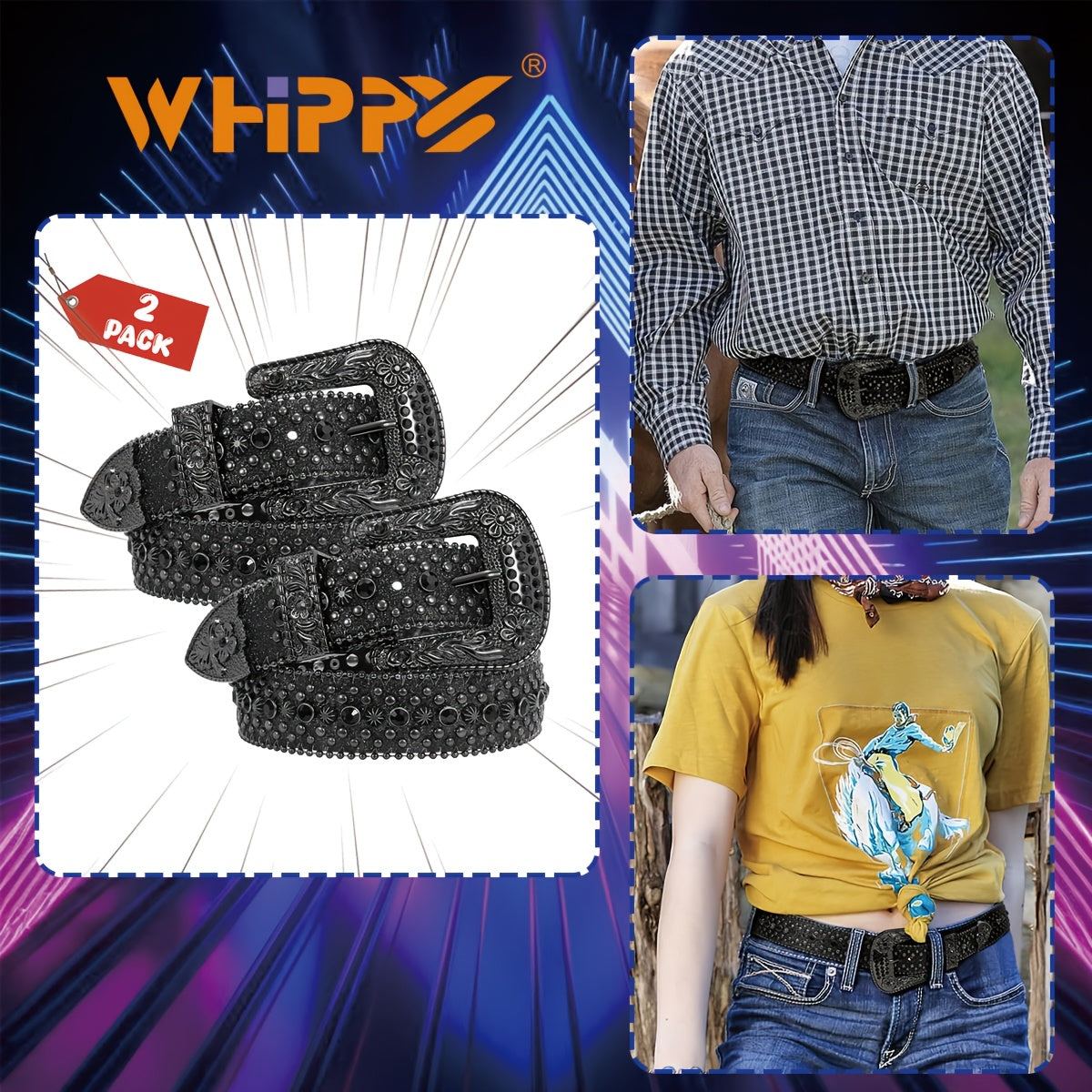 1Pack/2Pack WHIPPY Sparkling Rhinestone Men'S Belt - Made of Vegan Faux Leather with a Secure Buckle, Adjustable Dress Strap Suitable for Casual, Party, Or Festival Wear - A Unique Designer Gift for Him (Christmas, Birthday, Anniversary