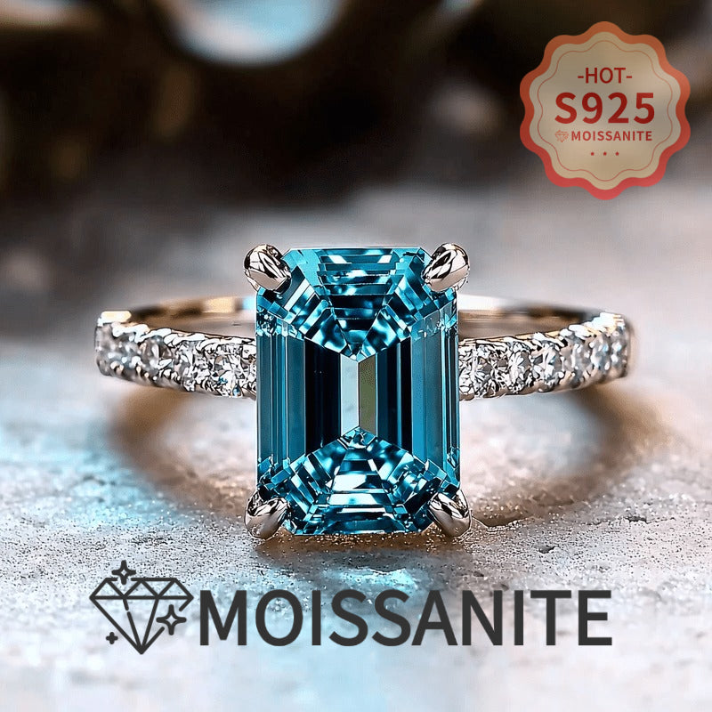 An S925 Silver Fashion Women's Elegant Promise Ring Set with Shiny Square Blue Moissanite, Perfect for Women's EngaSynthetic Gemstoneent And Wedding Rings, Luxurious Bridal Jewelry, A Symbol Of Elegance And Nobility with Certificate
