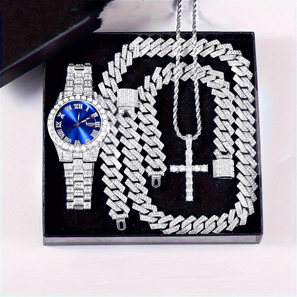 Luxury Cuban Link Jewelry Set: Necklace, Bracelet, Pendant Necklace, and Wristwatch Full Set - Ideal Gift for Holiday Celebrations, Valentine's Day, Christmas, and Birthdays