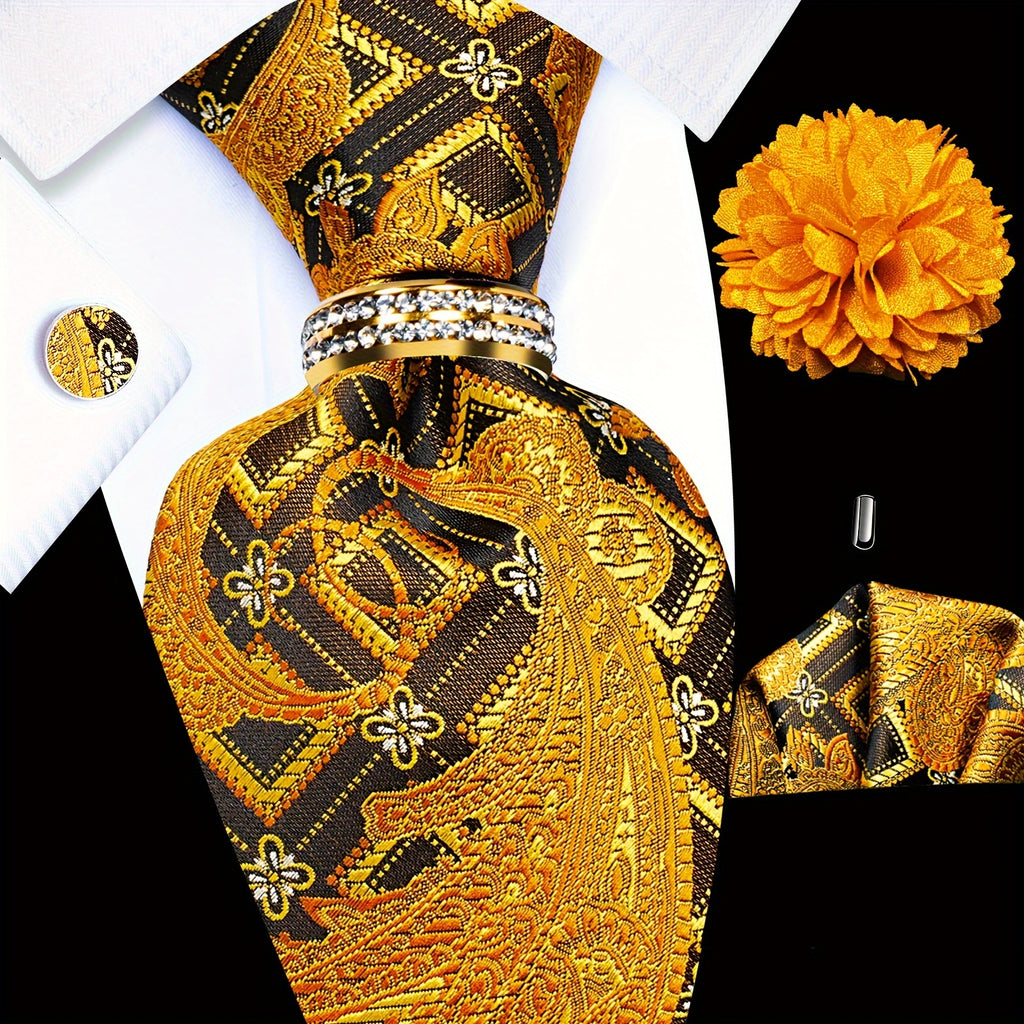 Set of 5pcs Including Men'S Ties, Pocket Squares, Cufflinks, a Golden Drilled Tie Ring, And a Lapel Pin, Perfect for Weddings, Groom Parties, Business Events, Or As a Gift for Men