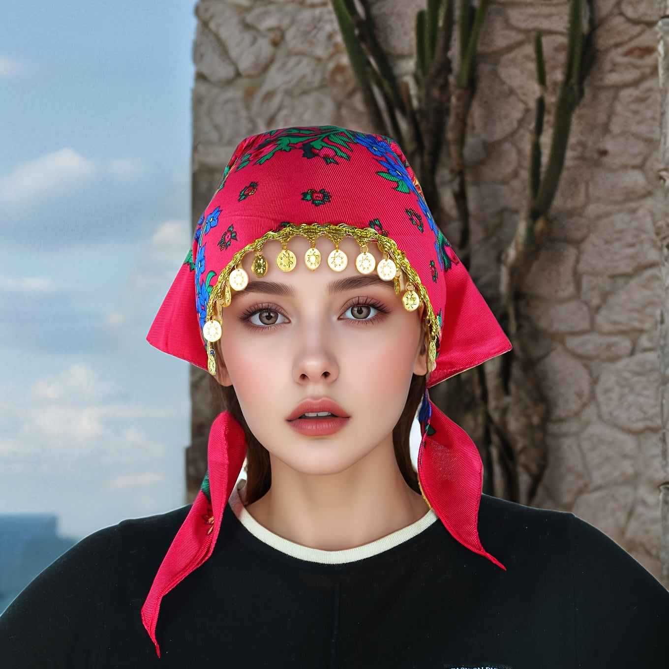 A Stylish Peony-Patterned Headscarf Complemented by Beautiful Golden Sequin Additions, Perfect for Casual Outings. It'S Lightweight, Breathable, And Protects Against Dust, Making It Ideal for Summer Wear