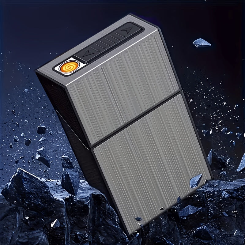2 in 1 for Men, Holds 20 Cigarettes, with Built-In Rechargeable Ignition, Windproof, Flip-Top Design, Pressure & Moisture Resistant, Stylish for Business And Casual Use
