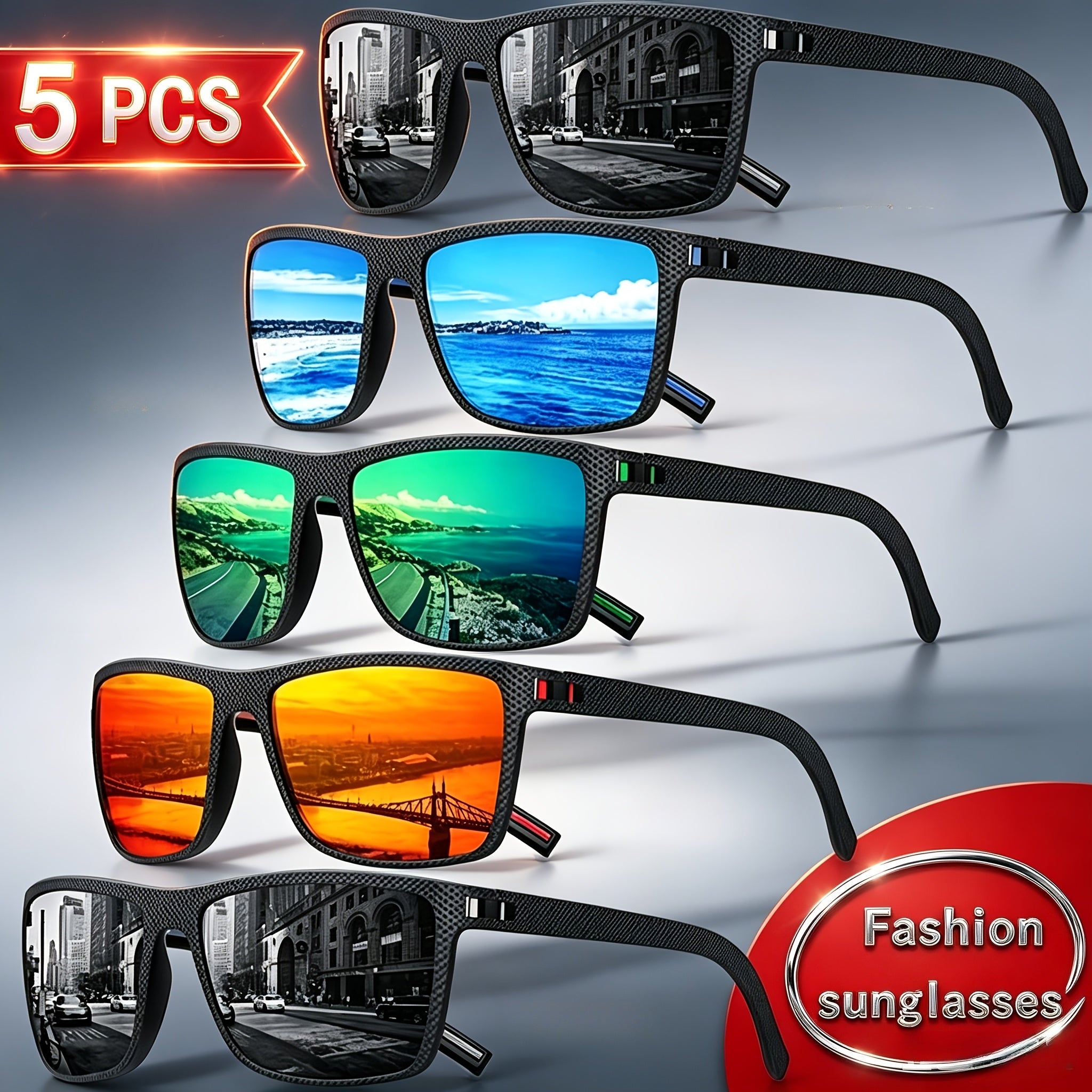 5pcs & Polarized Fashion Glasses - Protection & Polarized Lenses, TAC with Color Coating, Square Frame for Glare - for driving, Fishing, Beach, Outdoor Activities - Stylish Summer Eyewear (5pcs Bulk)