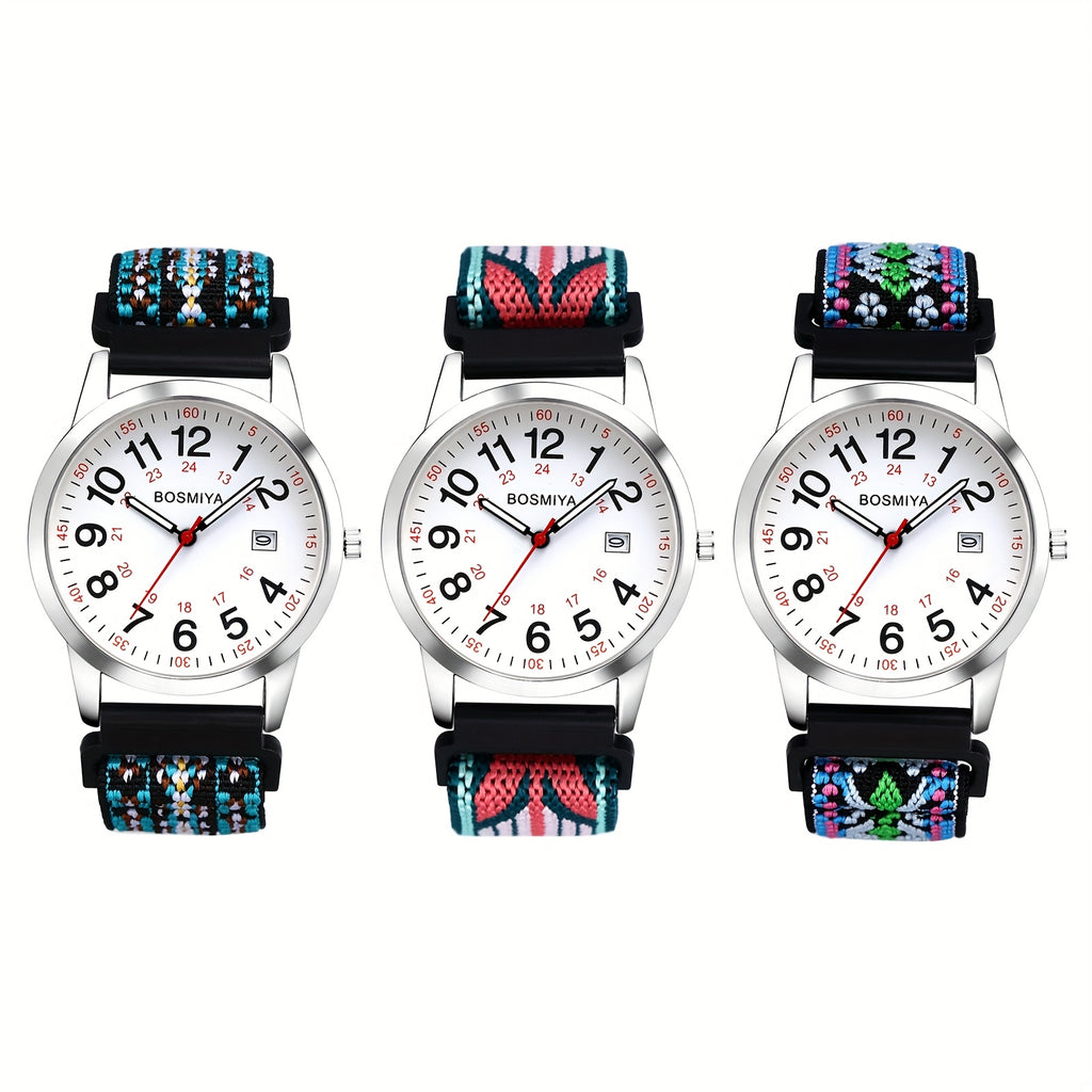 [Colorful Elastic Watch] Colorful Elastic Watch with Arabic Numerals, Calendar, 24-hour Format, Round Case, Stretch Braided Rope Nylon Strap, Suitable for Casual Business Wear, Birthday Christmas Gift