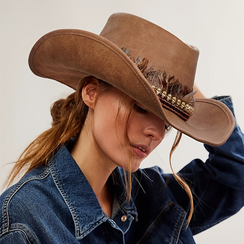 High Quality PU Leather Feather Wide Brim Western Cowboy Hat, Horseback Riding Western Cowboy Hat, Skull Feather Hat for Men And Women, Valentine's Day Gift