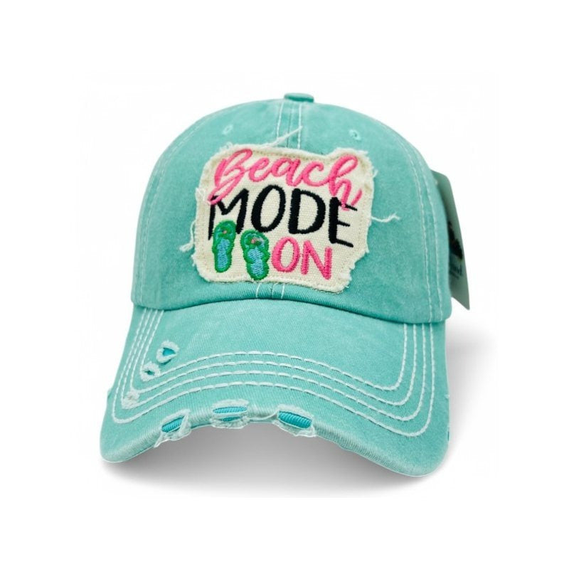 Beach Mode On Vintage Distressed Embroidered Baseball Cap For Women - 100% Cotton, Breathable, Casual, Adjustable, UV Protection