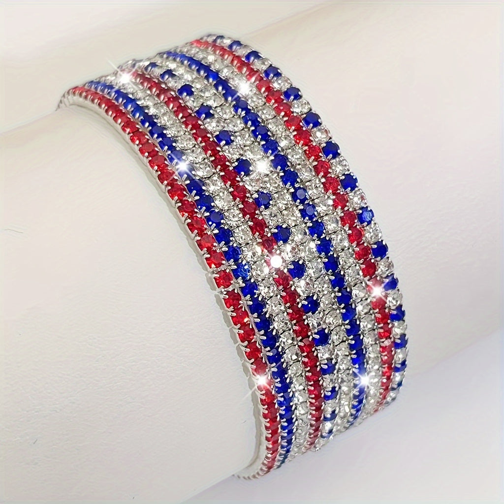 Lots 10pcs Independence Day USA Red White Blue Rhinestone Stretch Bracelets Set Women/ Men Silvery Plated Copper Elastic Exquisite Shiny Handmade Sparkling Rhinestone Multi-layer Bracelets Minimalist Vintage Stackable Wristband Bracelet Set Jewelry