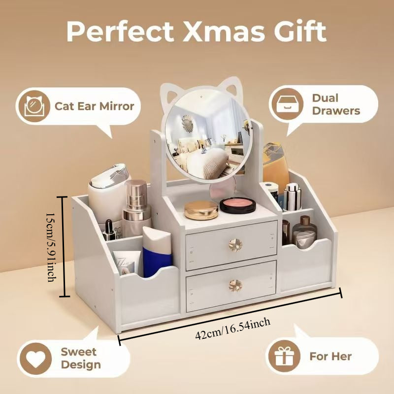 Jewelry Box, Small Makeup Storage, Requires Manual Assembly, Cute Cat Ear High-definition Mirror, Sweet and Exquisite Design, Light Luxury and Exquisite, Suitable for Use in the Living Room, Washbasin, and Dressing Room.