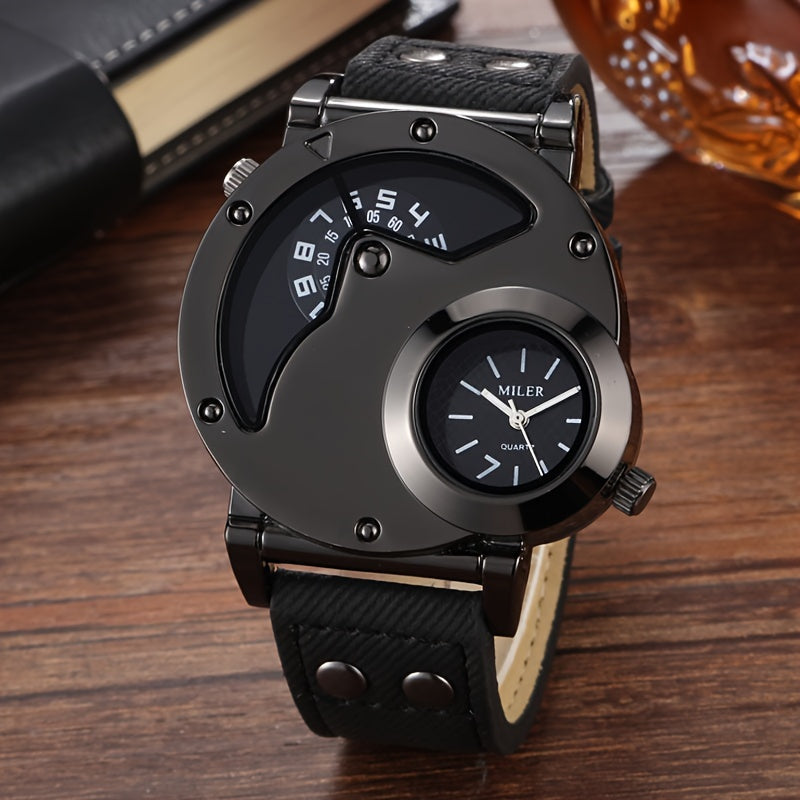 Vintage Men Watch Big Dial Double Time Shows PU Leather Business Quartz Watches for Man Analog Hot Deal Clock