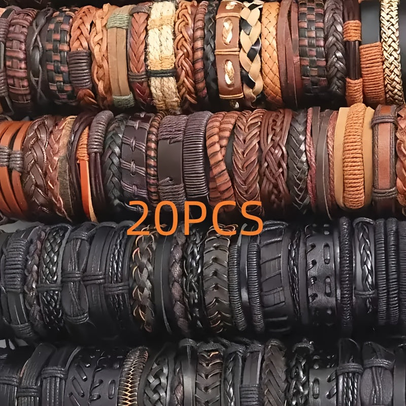 A Random Selection Of 20 Stylish, Retro, Casual, Street-style PU Leather Bracelet Sets. Available In A Variety Of Designs, Shipped At Random. Ideal for Men's Casual Attire, Street Style, Parties, Holidays And As Festive Gifts.