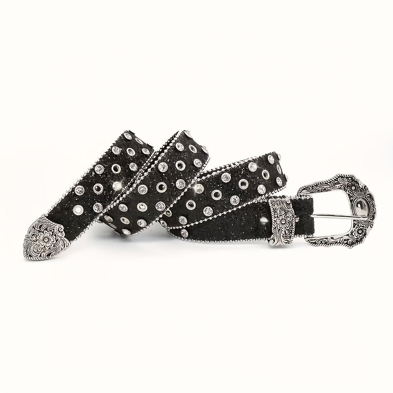 Luxurious Sparkly Sequin Belt | Black Silvery Western Punk Style Rhinestone-Embellished Belt with Rivet Decorations, Exquisitely Carved Silvery Buckle & Adjustable Holes | Daily Fashion Metal Accent for Halloween, Summer, School, Autumn, Halloween