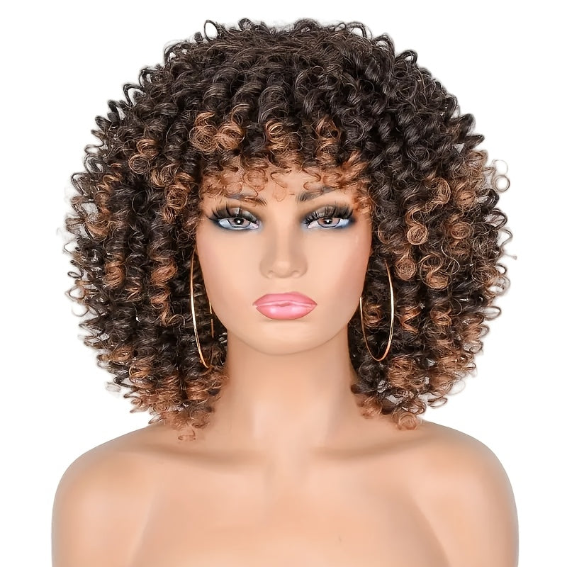 Women's Coily Afro Wig with Bangs - High Temperature Fiber, Glueless Elastic Cap, Heat Resistant - Celebrity Style Middle East Collection | Natural Ombre Brown Color | 14-inch Synthetic African Cosplay Wig