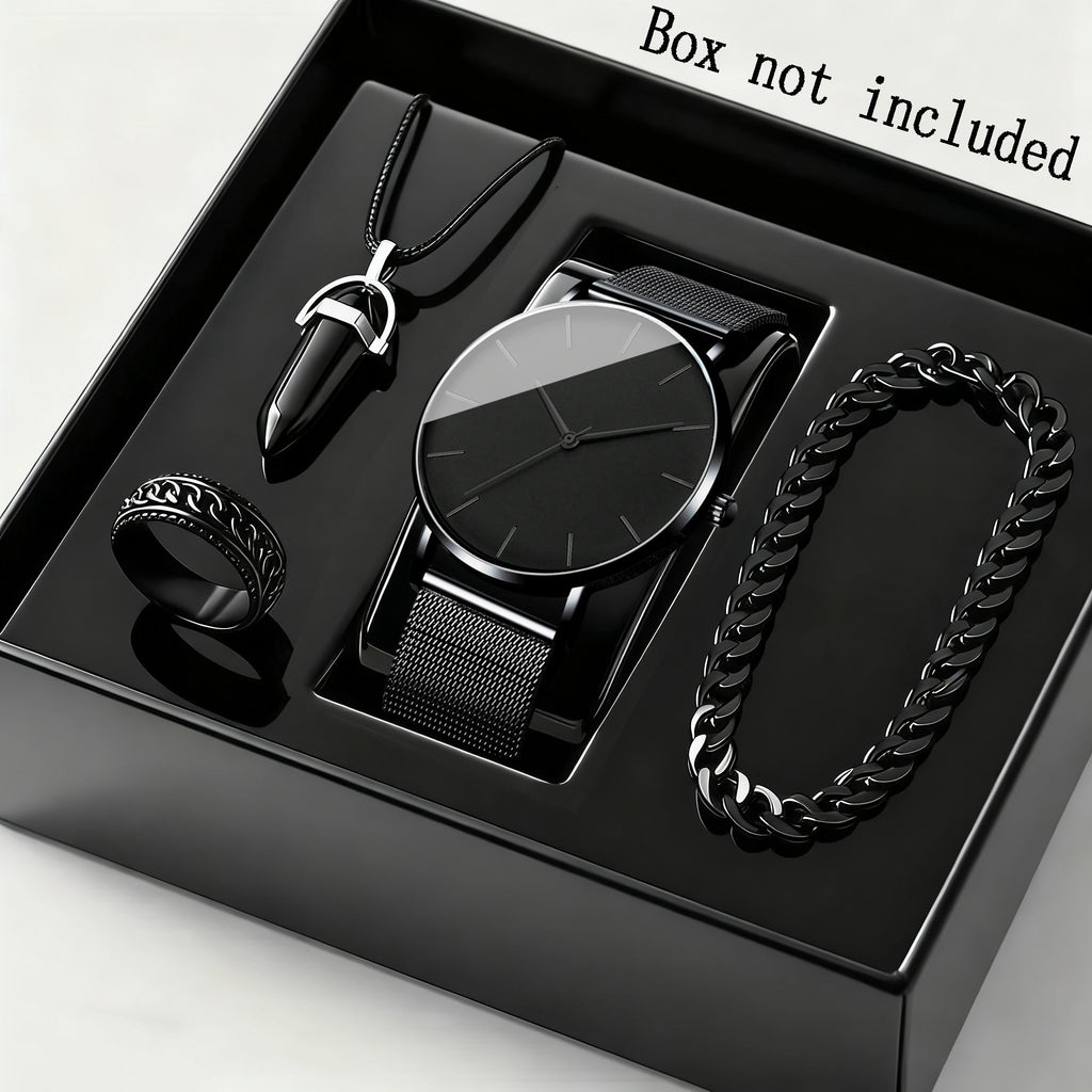 4pcs/ Set Men's Elegant Quartz Watch & Bracelet Set | Stainless Steel | Casual Watch | Business Watch | Bracelet for Men | Men Necklace(The Box Does Not Include)