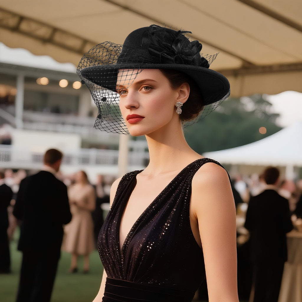 Women's Dome Top Fedora Hat with Flower Decoration Veiled Church Party Hat Retro Elegant Party Wedding Styling Hat 1920s Elegant Charming Hat