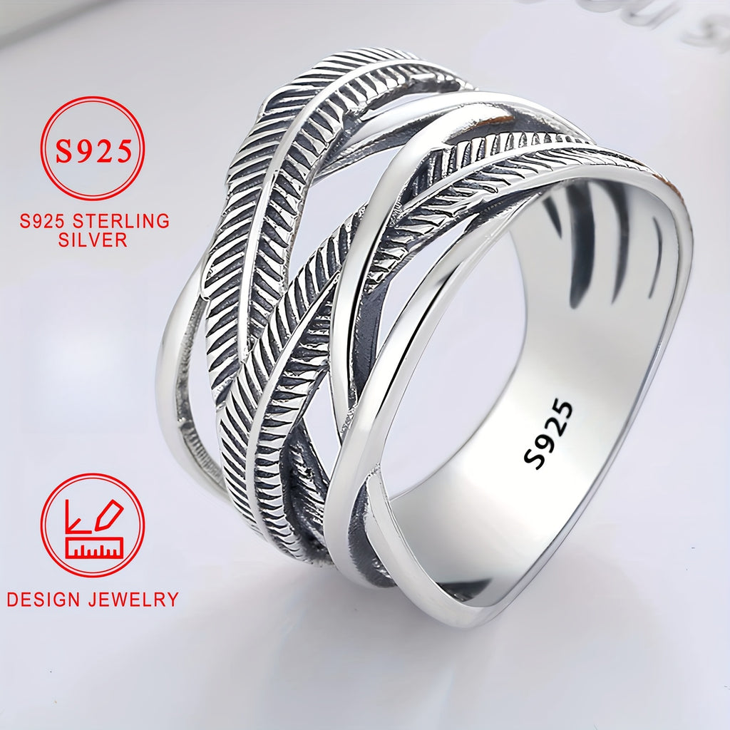 Vintage 925 Sterling Silver Feather Ring, Infinity Theme Cross Band Hip Hop Style, High-Quality Fashion Jewelry, Daily Wear & Gift-Giving