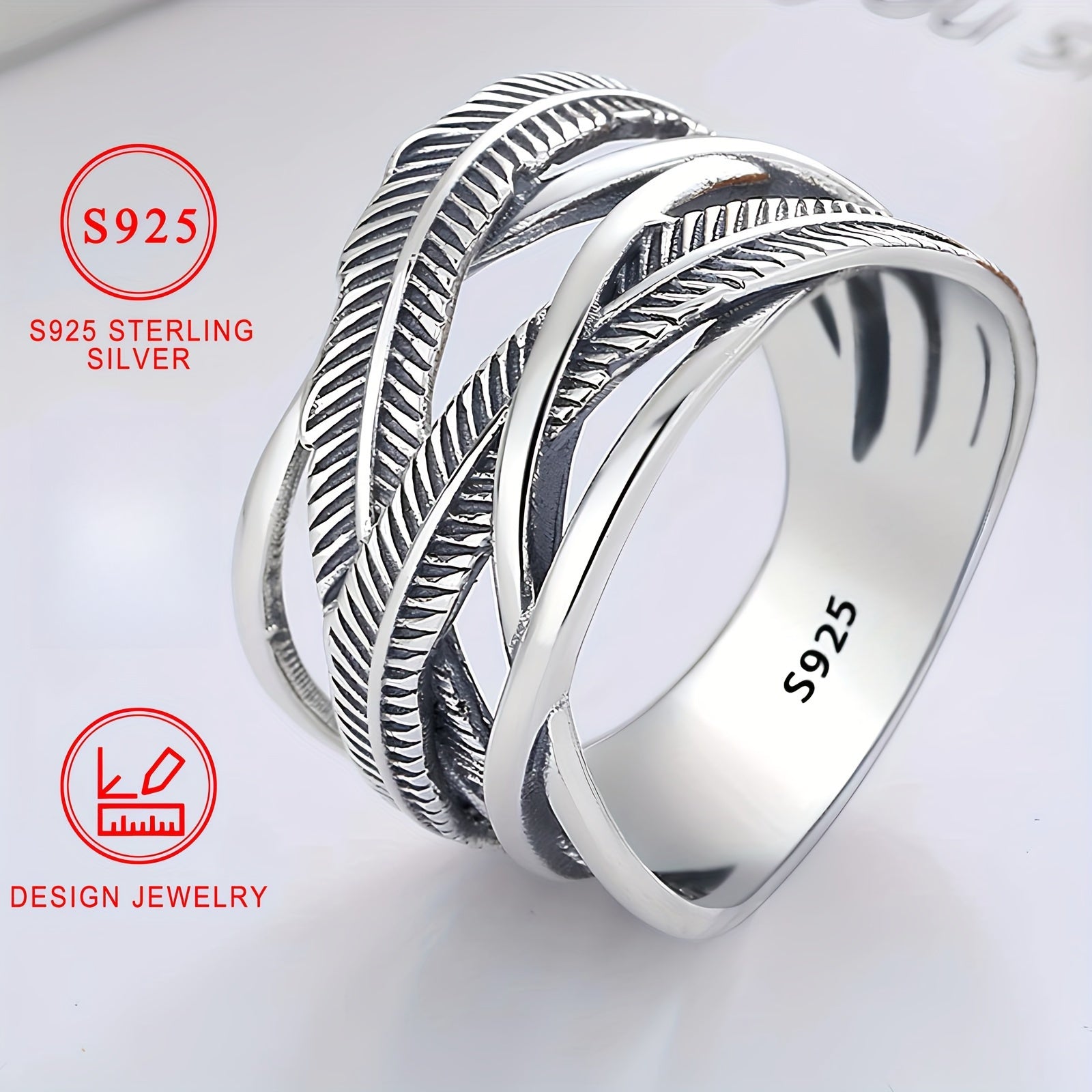 Vintage 925 Sterling Silver Feather Ring, Infinity Theme Cross Band Hip Hop Style, High-Quality Fashion Jewelry, Daily Wear & Gift-Giving