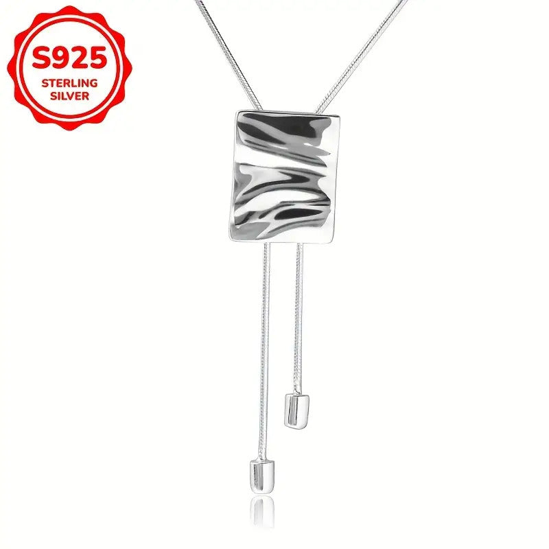 [Perfect Gift] Women's S925 Sterling Silvery Pendant Necklace, Fashionable Geometric Wave Irregular Square Design, Luxurious Minimalist Style, Versatile Casual Wear, Perfect Gift For Her/ BFF/ Birthday/ Anniversary/ Christmas Best Choice