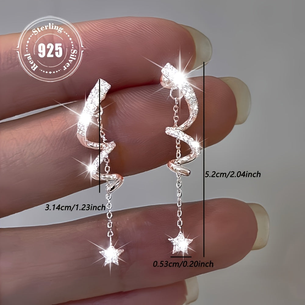 Elegant 925 Sterling Silvery Synthetic Zirconia Geometric Spiral Twisted Star Tassel Dangle Earrings, Versatile Fashion Drop Earrings for Women, Ideal for Parties And Daily Wear, Alloy Base, All Seasons Jewelry for Women Earrings Women Trendy
