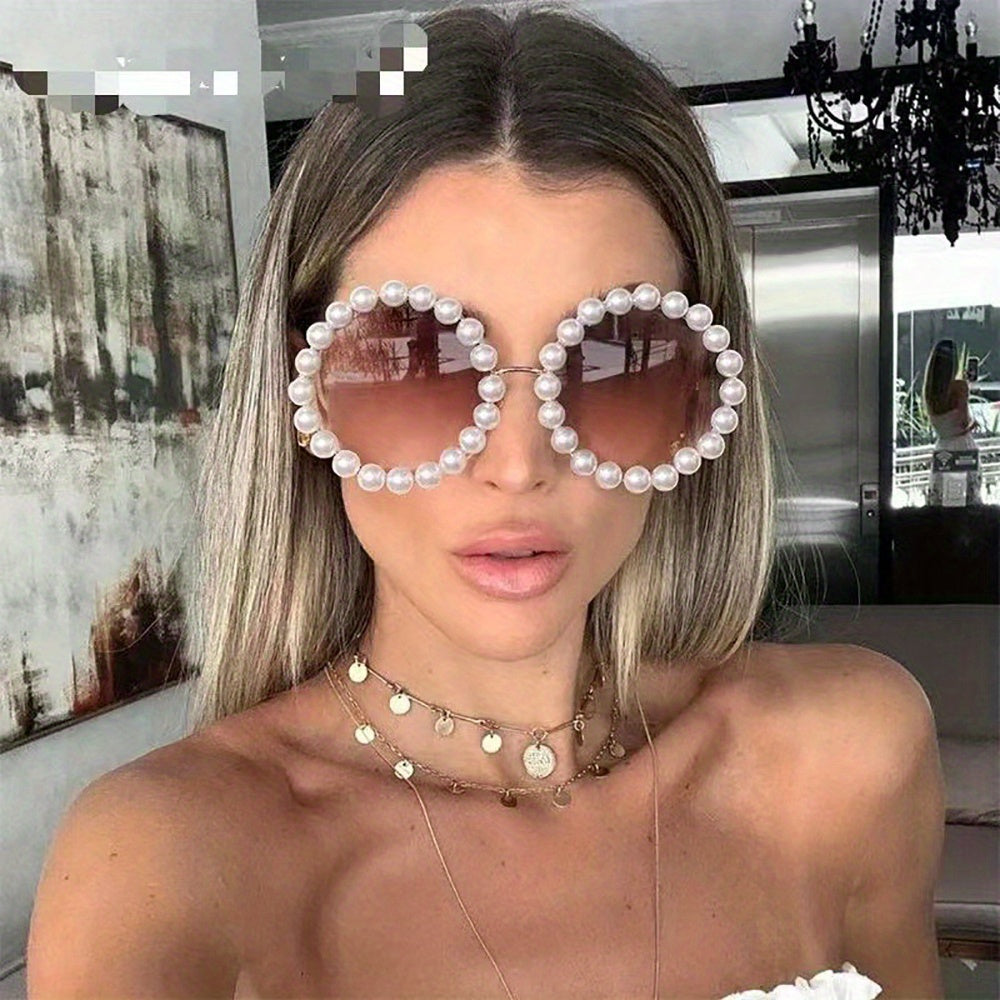 1pc New Round Frame Ladies Full Frame Pearl Glasses Design Sense Wave Shape Temple Fashion Golden Style Photo Gift Glasses Perfect for Summer Festival, Party Holiday Gift, Birthday Gift