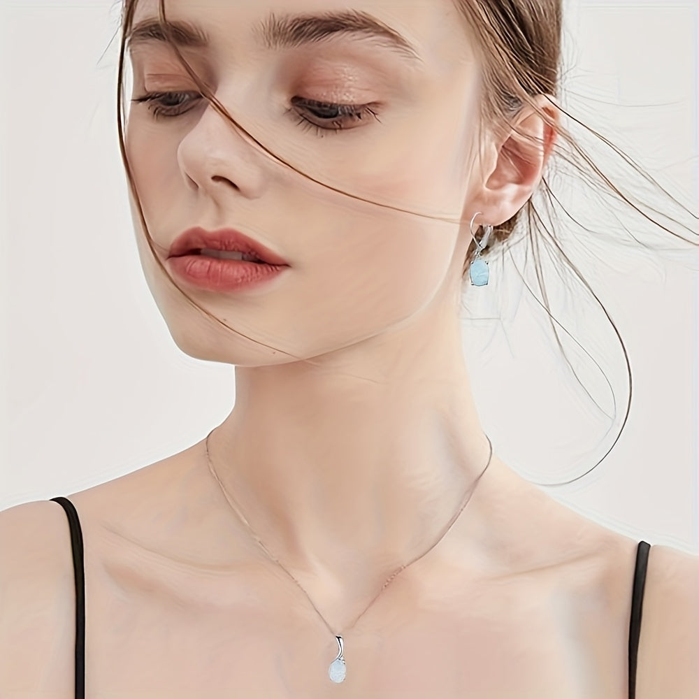 4pcs Set 925 Silver Easy Fashion Elegant Water Drop Opal Pendant Necklace Earrings And Ring Women'S Additions Party Jewelry Set