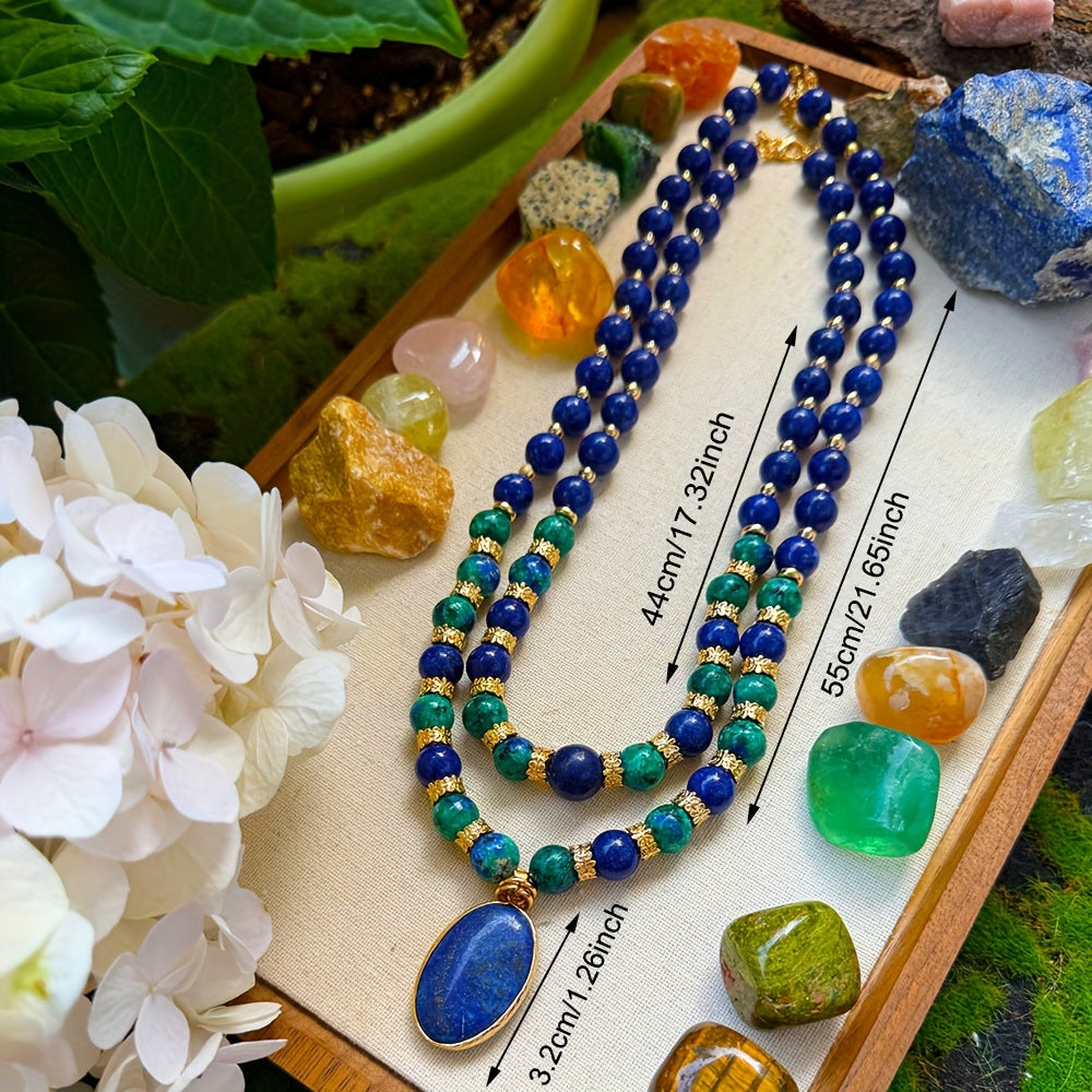 Blue 2pcs Natural Stone Phoenix Lapis Lazuli Double Layer Necklace Luxury Jewelry Gift for Teenager