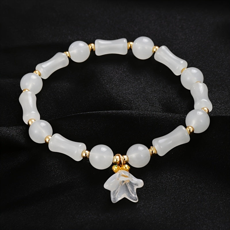 [7pcs Bead Chain Bracelet] Elegant 7pcs Bead Chain Bracelet Set, Butterfly And Lily Pendant Set Imitation Jade, Retro Chinese Style, Suitable For Daily Gifts And Wear, Suitable For Men And Women