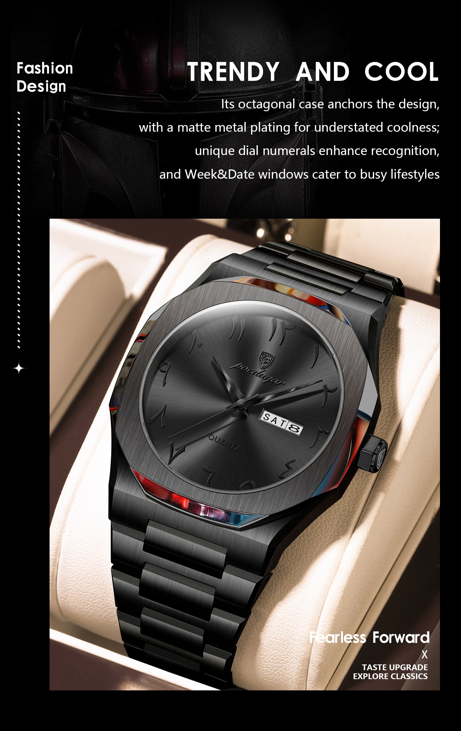 POEDAGAR Men's Automatic Week & Date Display Watch - Minimalist Casual Quartz Wristwatch with Stainless Steel Band, 3ATM Case, Battery-Powered Analog Timepiece for Casual Attire, Durable & Affordable for Daily Use Suitable for Men and