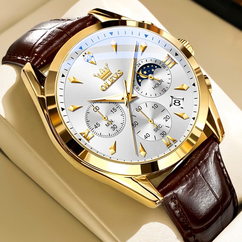 OLEVS Men'S Watches - Stylish Casual Analog Quartz with Faux Leather, Waterproof, 6-Hand Multifunction Chronograph, Luminous Business Date, Moon Phase, Gray/Black Dial Wristwatch for Men