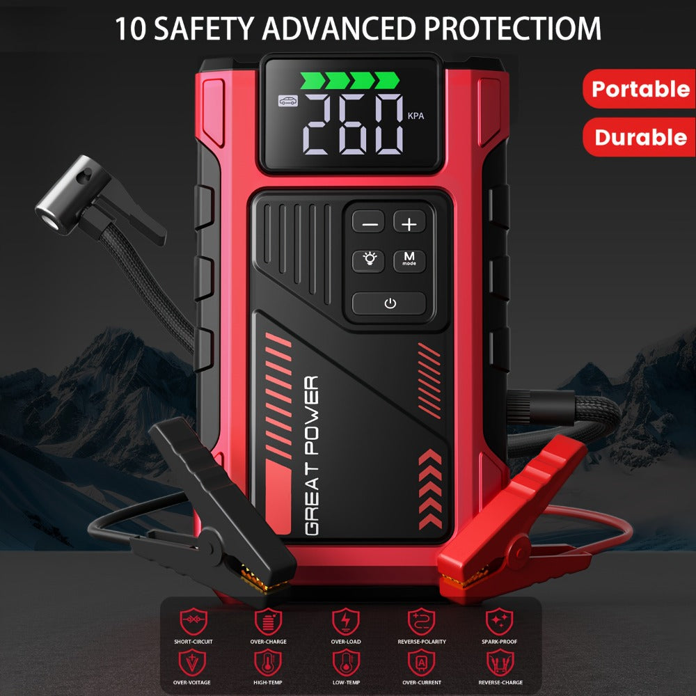 [Portable Jump Starter] 9-in-1 Portable Jump Starter with Air Compressor, Jump Starter for Car, Battery Jump Starter Portable, Car Battery Charger Portable For12V(8.0LGas/6.5L Diesel) Start The Car Quickly, USB Input/output, LED Emergency, Car Accessories