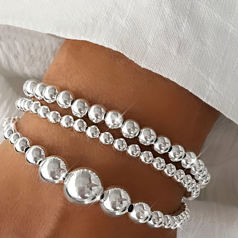Set of 3 S925 Sterling silvery Beaded Bracelets for Women - Featuring a Easy Round Handcrafted Bead Design, Ideal for Everyday Use And Valentine'S Day Presents