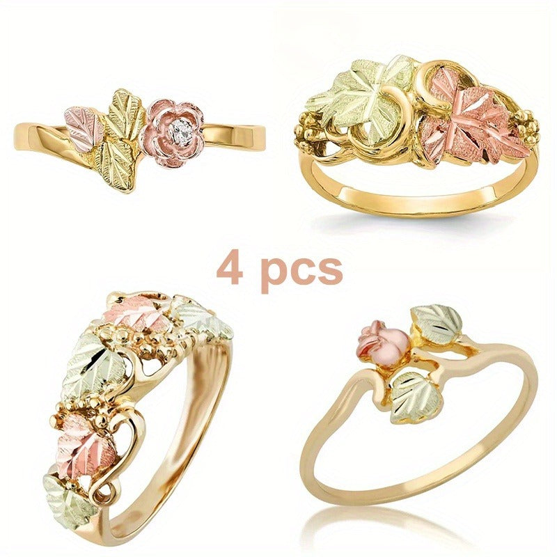 4pcs Stainless Steel Rings with Exquisite Leaf Designs - Suitable for Daily Wear And Special Occasions. They Are Excellent Gifts for Birthdays, Anniversaries And New Year'S Day (For Women, Friends, Family). Total Weight of The Product (5G)