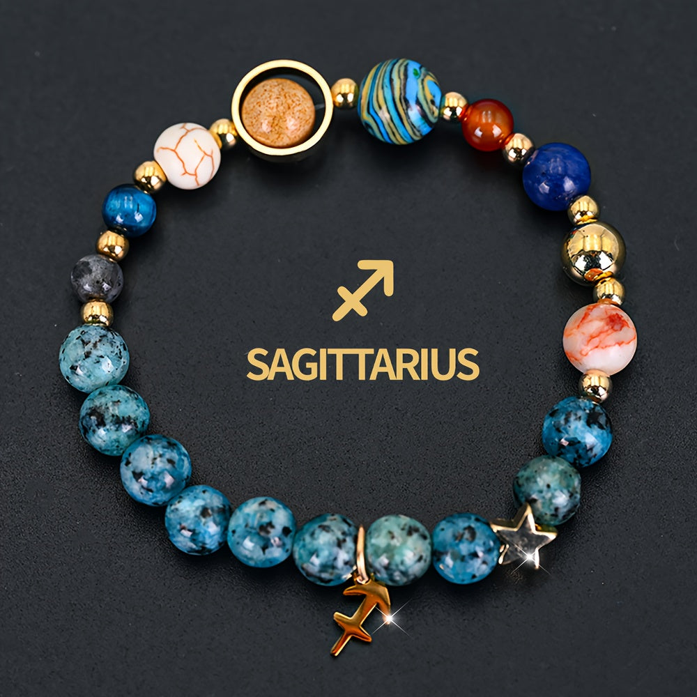 [Cosmic Galaxy Bracelet] 1pc Cosmic Galaxy Imperial Green Natural Stone Eight Planets Ladies 12 Constellation Bracelet Zodiac Pendant Libra Virgo Sagittarius Jewelry Valentine's Day Couple Gift