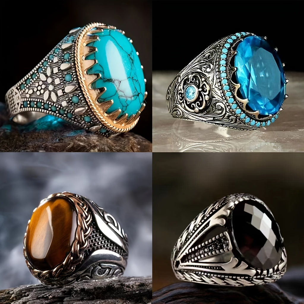 4pcs/Set Men'S Business Artificial Faux Synthetic Gems Ring with Black Carved Cocktail Ring, Anniversary Gift, Birthday Party, Engagement Gift