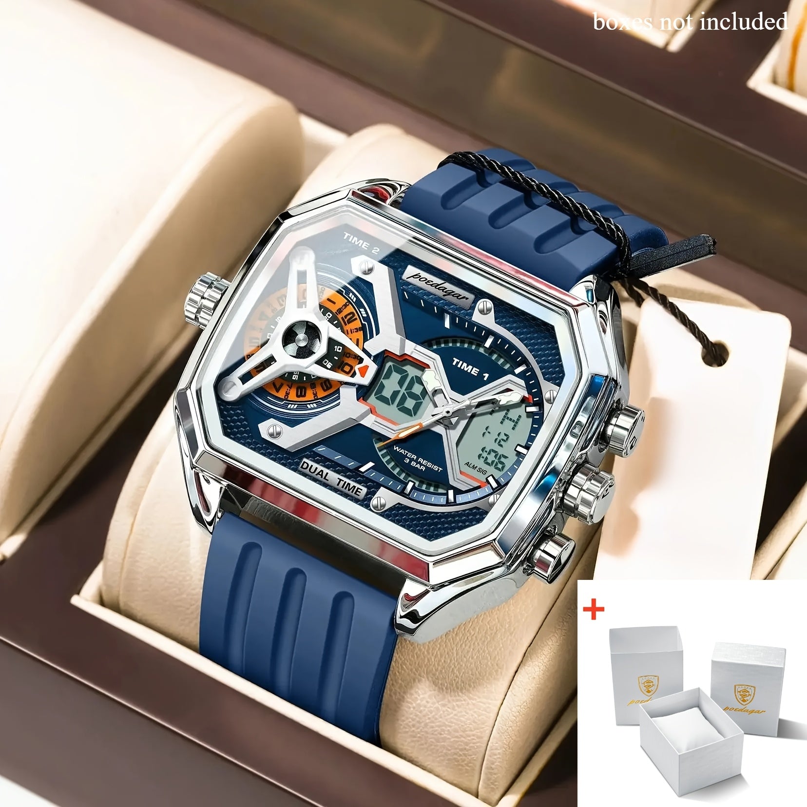 POEDAGAR E106J Men'S Sports Electronic Watch, 3ATM Waterproof, Dual Display, Fashionable Style, Silicone Band
