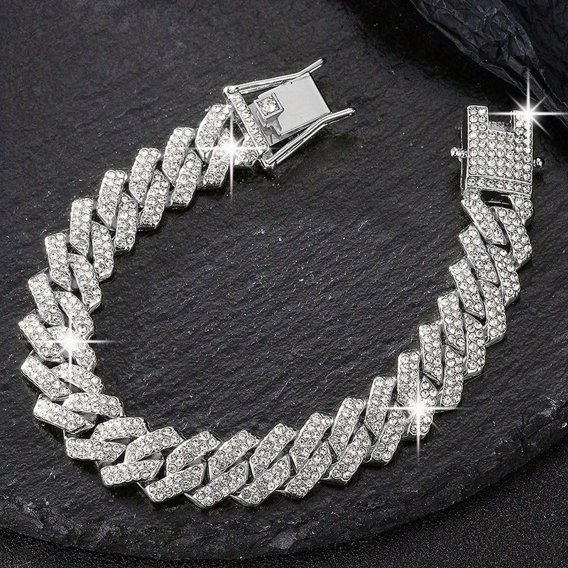 2pcs Men Cuban Link Necklace And Bracelet Set Full Rhinestones Embellished Unisex Punk Inspired, Y2K Hip Hop Style Cuban Link Necklace Bracelet Jewelry Luxury Gift Idea for Him/Her