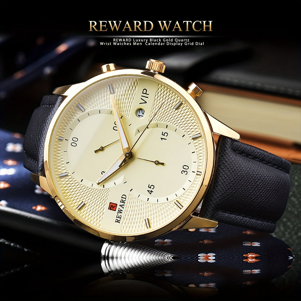 [1pc Men's Watch] 1pc Men's Black Golden Quart Watch | PU Leather Strap, with Gift Box