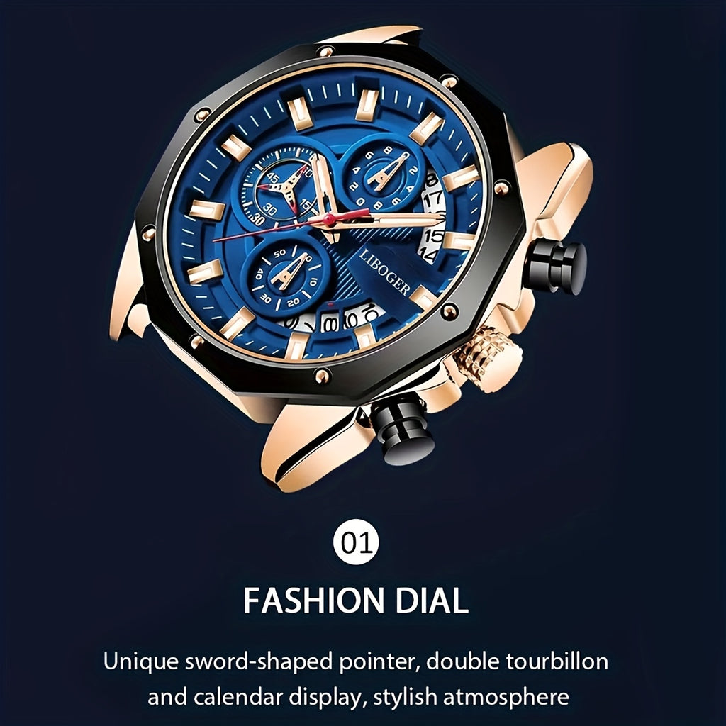 Men's Luxury Large Dial Chronograph Wristwatch - Blue & Golden Analog Watch with Day/Date/Month Display, Quartz Movement, 24H Chronograph, High Quality 1181.1inch, Elegant Brown Strap & Golden Buckle, Multi-Functional Business & Sports Watch for Formal &