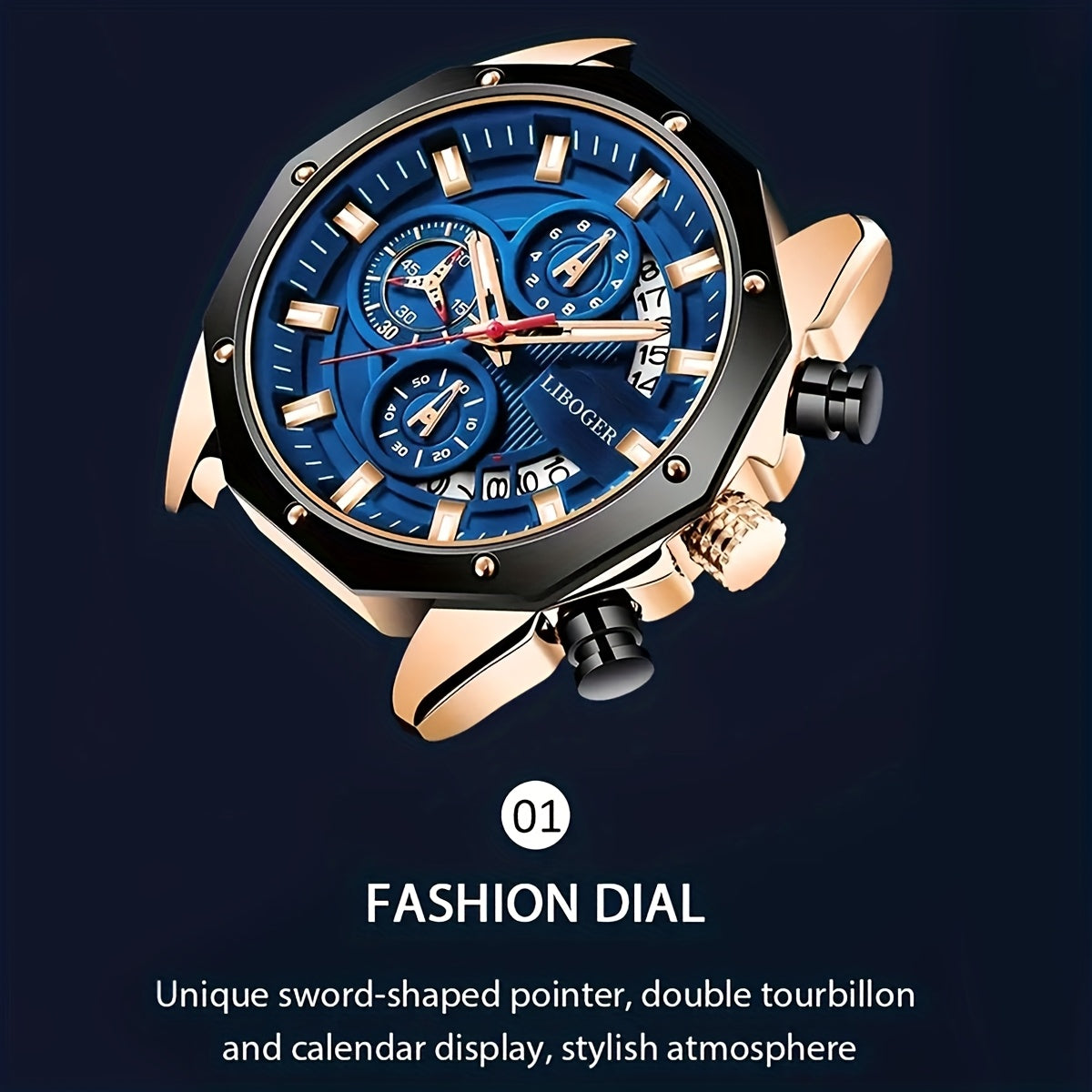 Men's Luxury Large Dial Chronograph Wristwatch - Blue & Golden Analog Watch with Day/Date/Month Display, Quartz Movement, 24H Chronograph, High Quality 1181.1inch, Elegant Brown Strap & Golden Buckle, Multi-Functional Business & Sports Watch for Formal &